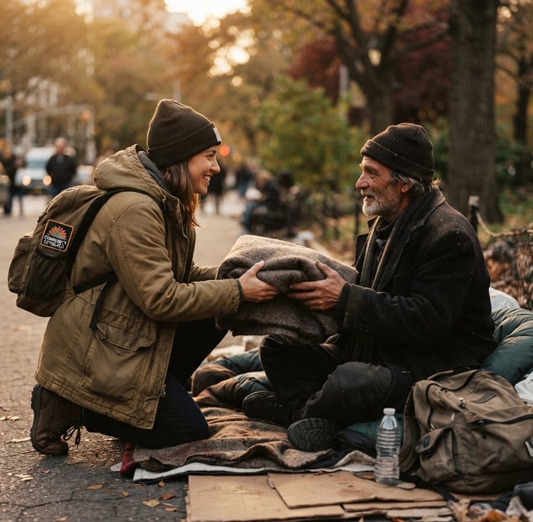 Intimate, eye-level documentary portrait of a field team member distributing warm blankets to an unhoused individual at golden hour, shallow depth of field, rich muted earth tones.