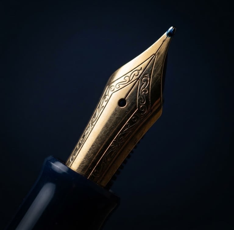 Extreme close-up of a 18k gold fountain pen nib catching low-key directional studio lighting, dramatic shadows, deep navy background, macro lens, shallow depth of field