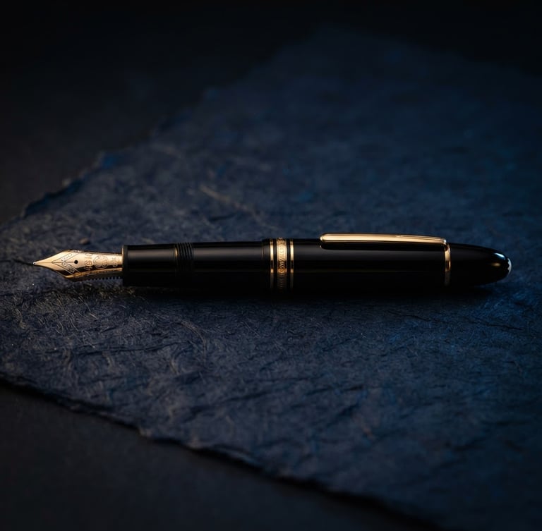 Macro studio profile of a polished luxury fountain pen resting on heavy textured paper, dramatic low-key gold and navy lighting, shallow depth of field
