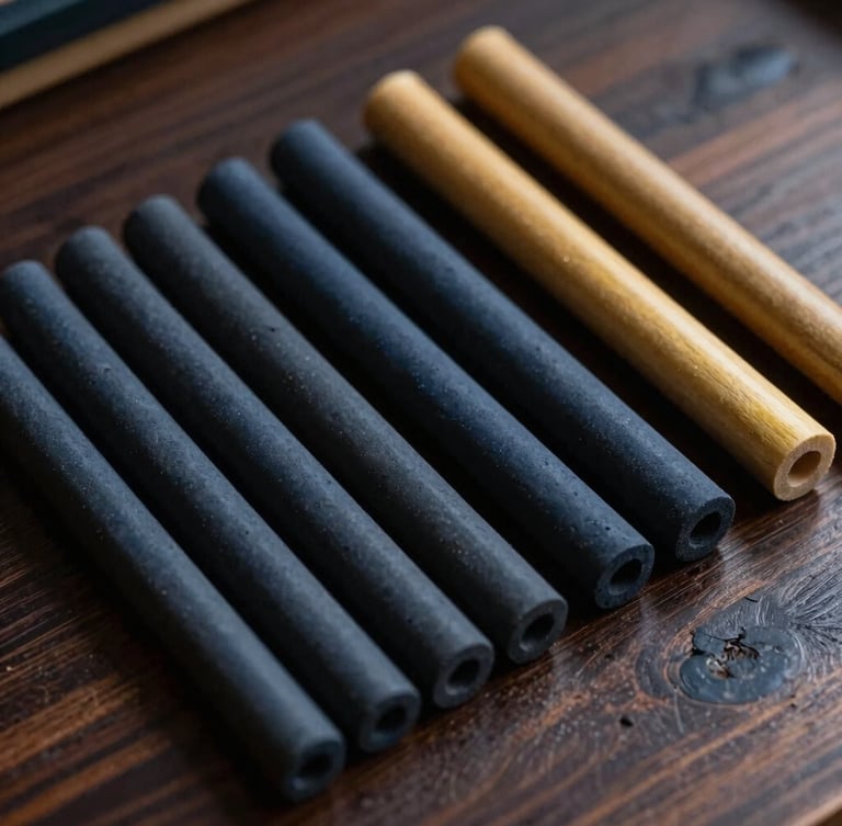 Macro overhead flat-lay of raw ebonite rods and turned resin pen barrels on a dark wooden craftsman desk, dramatic side lighting