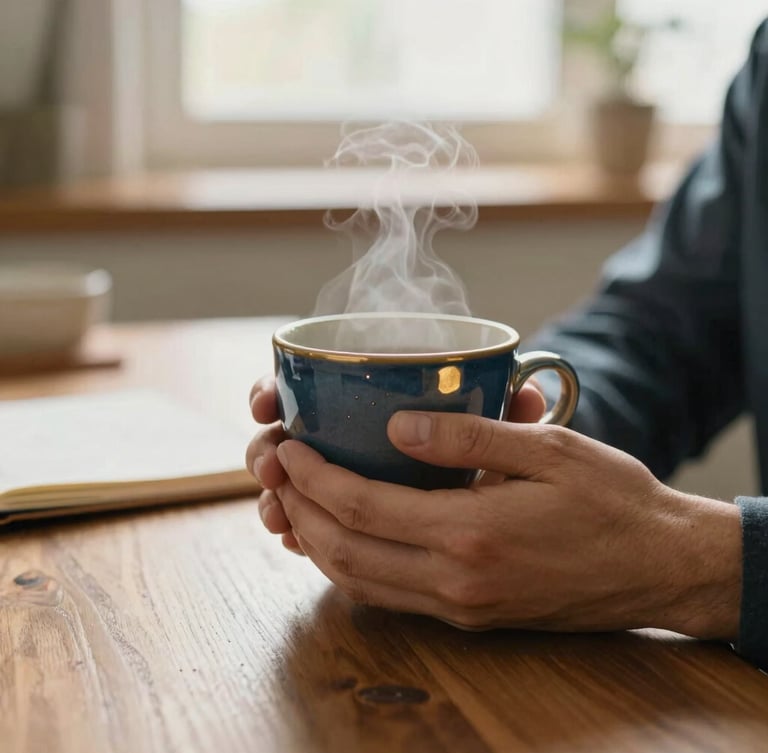 Close-up of hands, possibly the psychologist's, gently holding a warm ceramic cup with steam rising, on a wooden desk next to a notebook with blurred background of a cozy, sunlit interior, natural window light, deep petrol and gold tones, shallow depth of field.