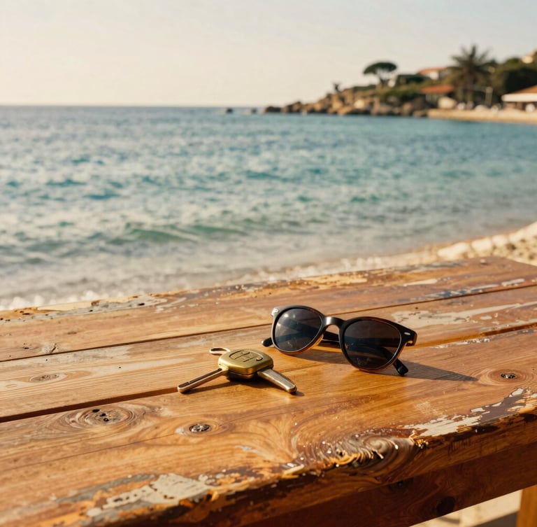 A weathered wooden table overlooking a sun-drenched bay, brass car keys resting next to a pair of sunglasses
