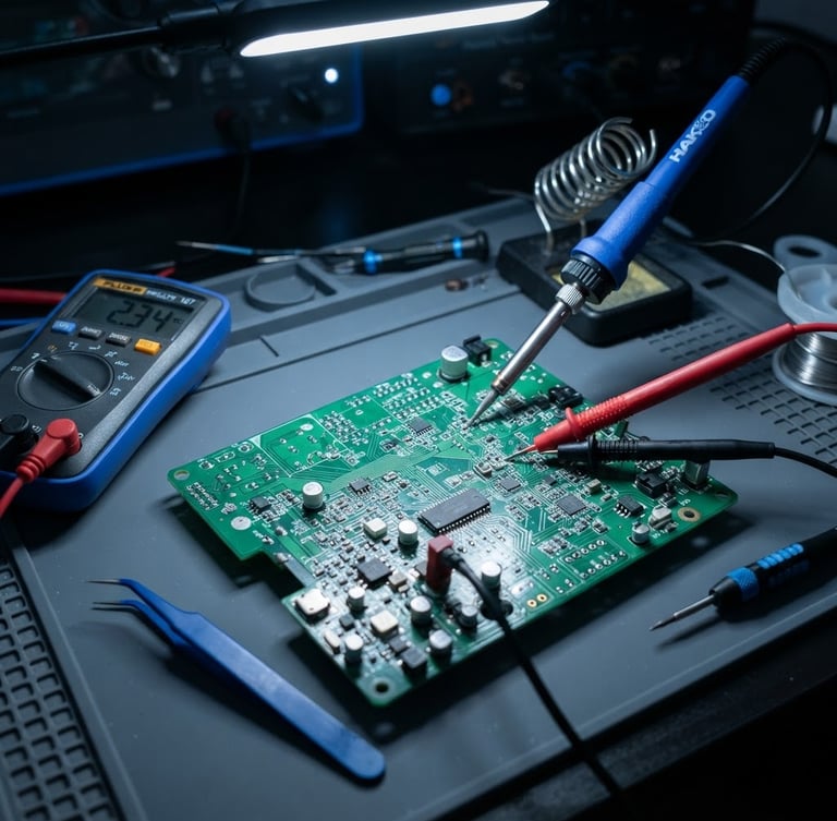Macro overhead shot of a clean electronics repair workbench with a digital multimeter, fine-tipped soldering iron, and a circuit board under bright cool-toned diagnostic light, electric blue accents