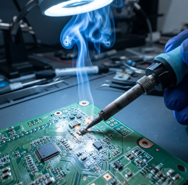 Macro shot of a high-precision soldering iron tip touching a circuit board, bright focused cool-toned workbench light, electric blue solder smoke, professional repair environment