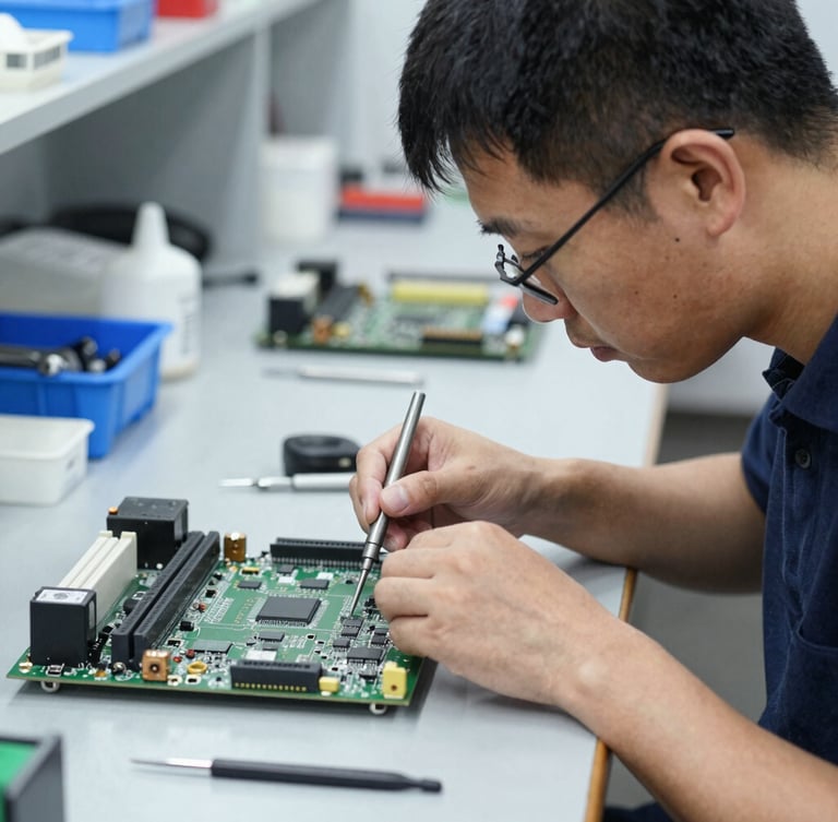 Medium shot profile of technician Dukhwa Cho at his clean workshop bench in York, carefully replacing a microchip on a motherboard with precision tools, bright focused light, sharp technical photography