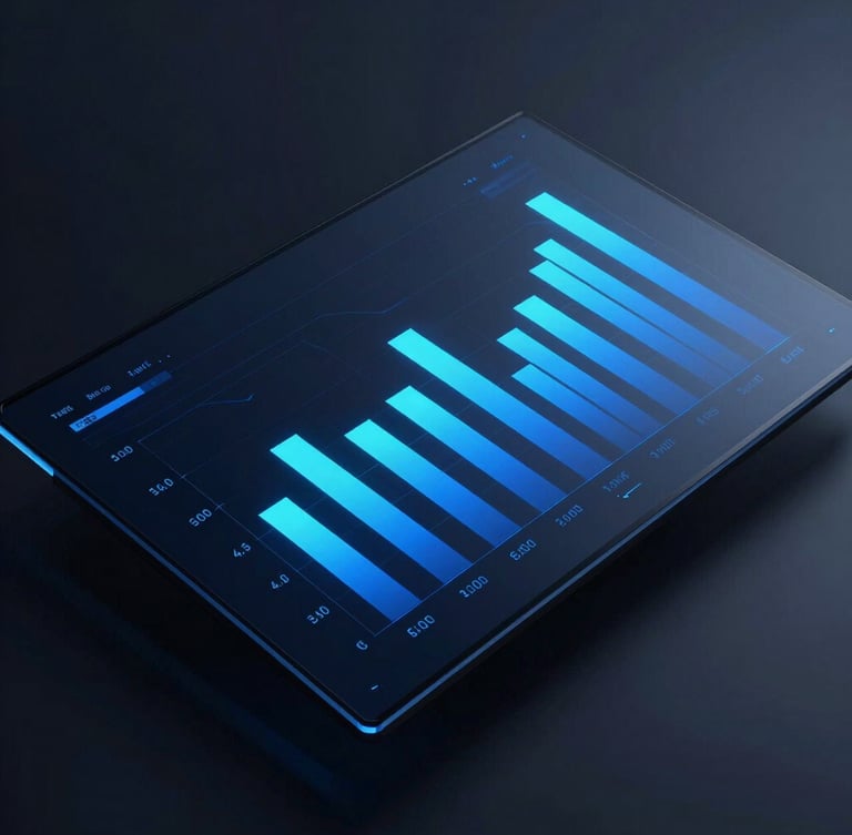Sleek modern dashboard with high-contrast glowing electric blue charts on a dark glass screen, sharp focus, architectural composition