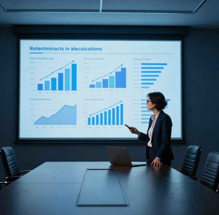 Focused professional in an architectural concrete meeting room analyzing data projections, cool studio lighting, deep navy tones