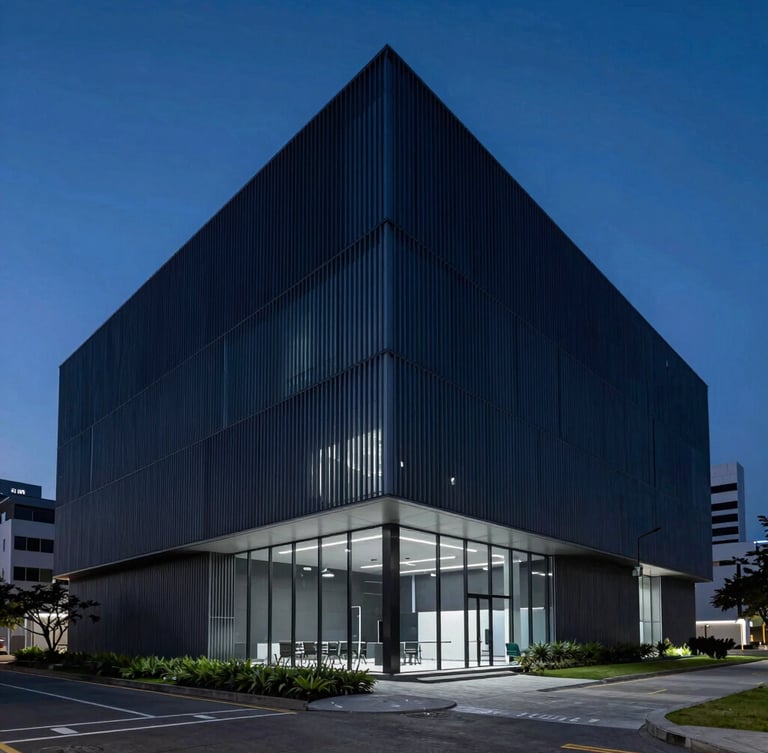 Sleek architectural wide angle of a modern minimalist corporate office in São Paulo, cool-toned studio lighting with deep navy and electric blue accents, sharp focus