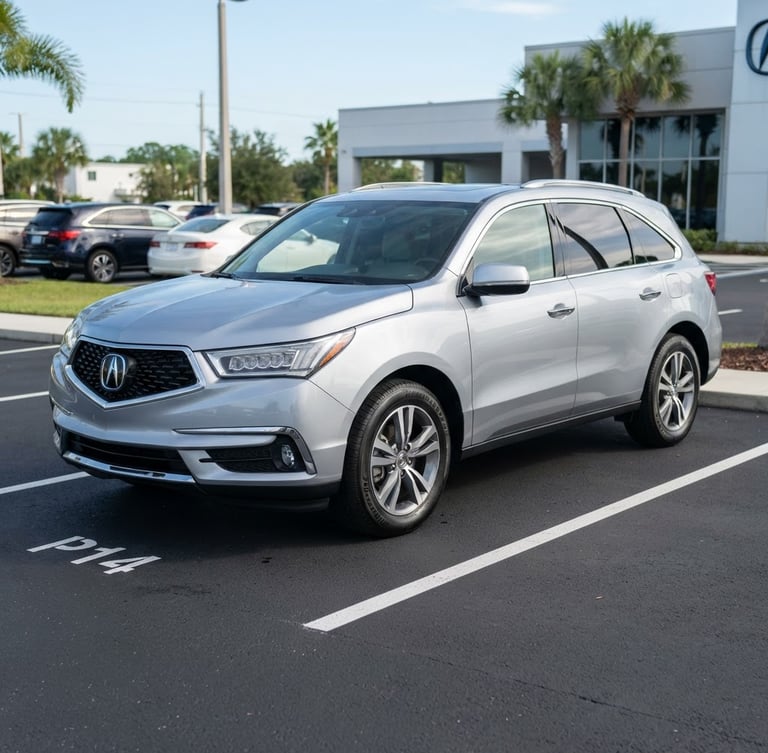 Eye-level three-quarter vehicle portrait of a clean pre-owned silver SUV parked on a clean, organized dealership lot, bright natural Florida daylight, soft shadows, realistic colors, sharp details, 35mm lens.