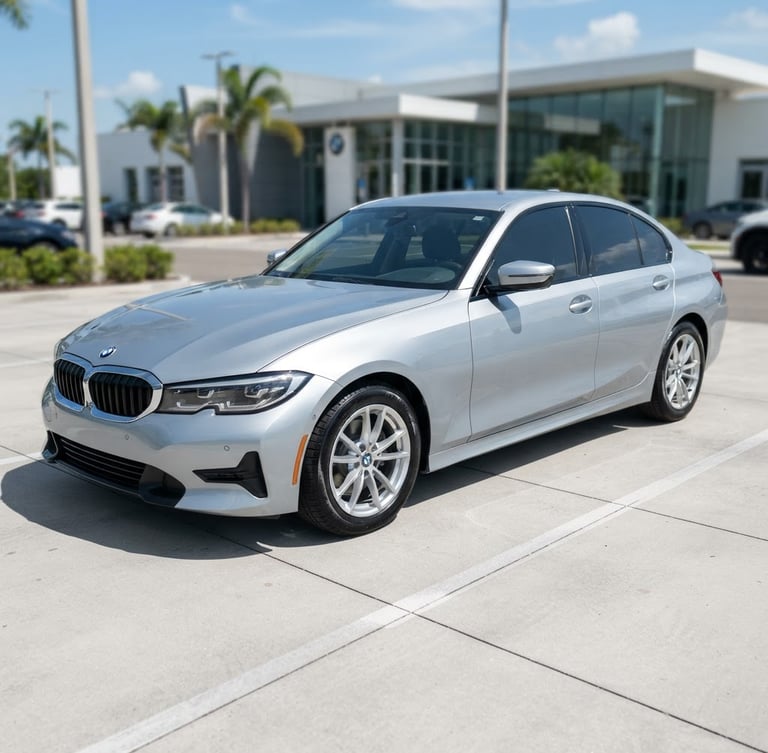 Eye-level three-quarter automotive portrait of a clean silver sedan parked on a clean sunlit lot, bright natural Florida daylight, sharp details, realistic colors, 35mm lens