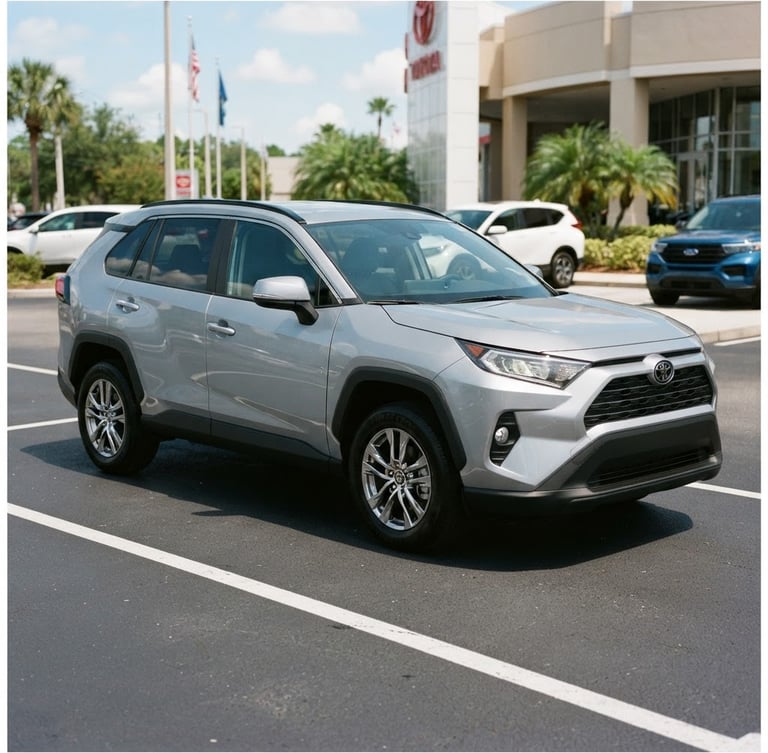 Eye-level three-quarter shot of a clean, dependable silver SUV parked on a tidy dealership lot, bright natural Florida daylight, sharp details, 35mm lens