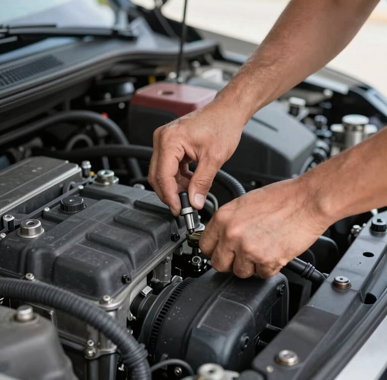 Close-up shot of a mechanic's hands inspecting a clean car engine under bright daylight, focusing on the dipstick and engine block, realistic colors.