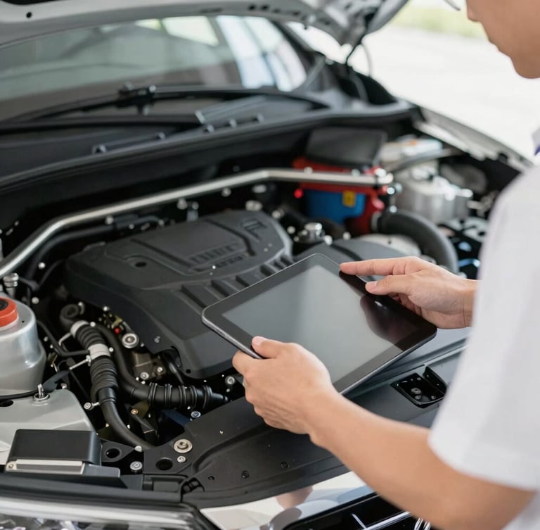 Close-up automotive photography of a professional inspector checking a car's clean engine bay under soft daylight, hands visible holding a digital tablet, realistic colors, 35mm lens