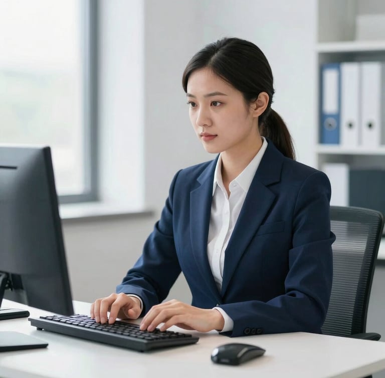 Portrait of a focused, professional administrative assistant working diligently at a desk, hands on keyboard, clean modern clinic workspace, bright natural daylight, cool blue and white tones, sharp focus, professional office environment, 35mm