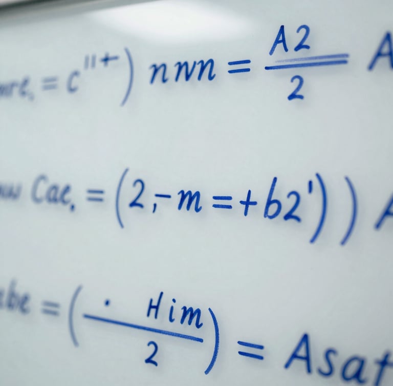 Macro close-up shot of handwritten complex physics equations on a clean white glass board, blue ink, sharp focus on mathematical derivations