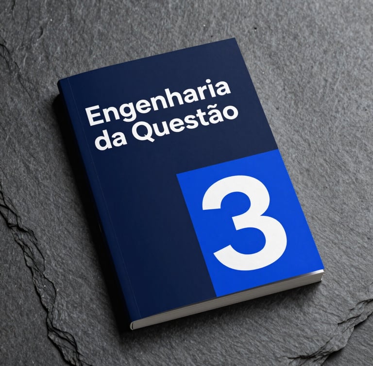 A clean, high-contrast mockup of the book cover 'Engenharia da Questão' in deep navy and electric blue, resting on a slate gray surface.