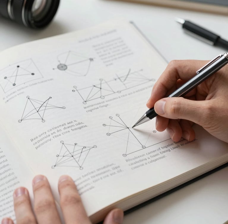 Macro shot of an open textbook showing detailed physics diagrams of mechanics and optics, hands holding a technical mechanical pencil, clean study desk
