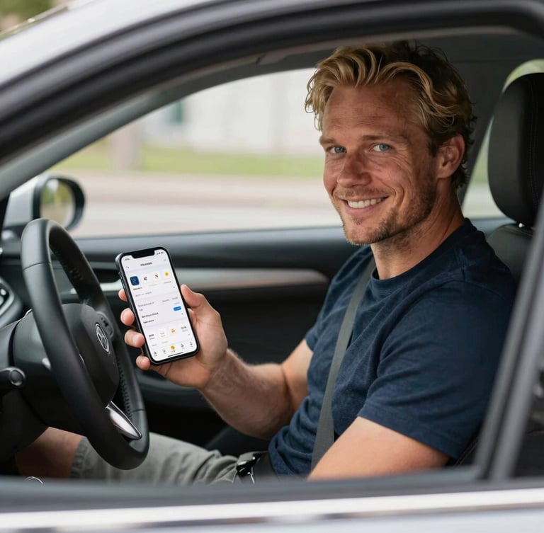 A professional dutch man  sitting in a modern car, smiling in bright natural daylight, holding a sma