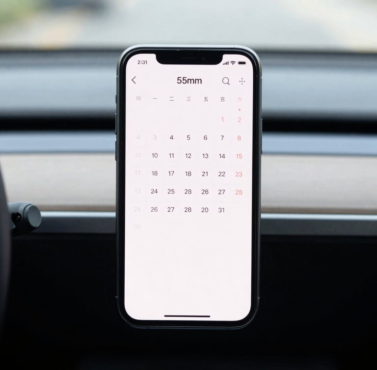 A modern smartphone mounted on a car dashboard showing a clean calendar schedule, soft natural daylight illuminating the interior, crisp details, 35mm