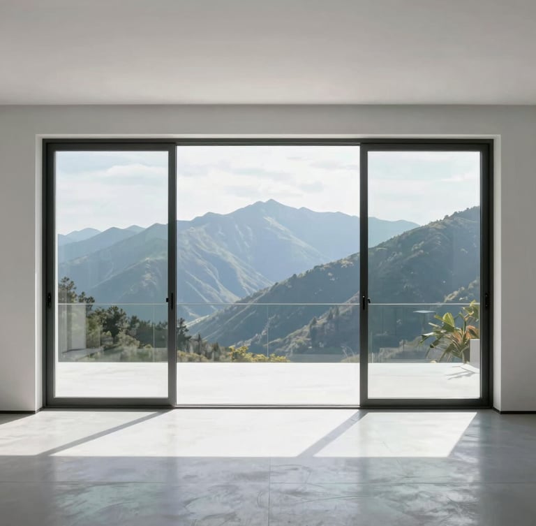 Minimalist interior view looking out through a large sliding glass door system onto a scenic mountain landscape, clean lines, high-end engineering