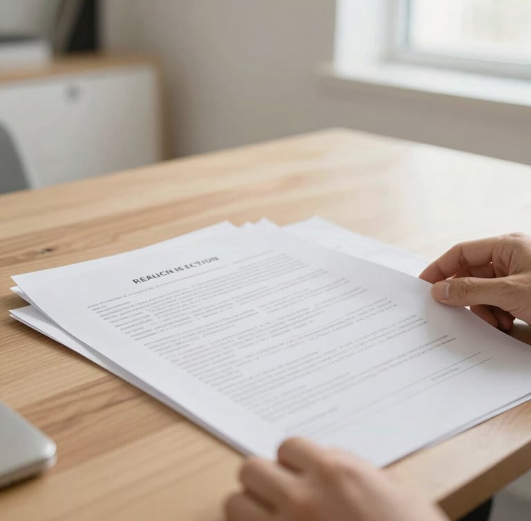 Close-up of hands reviewing neatly organized legal documents on a clean wooden desk, warm soft natural daylight, minimalist aesthetic, 35mm lens