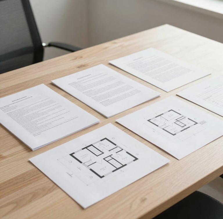Neatly organized legal documents and floor plans on a clean wooden desk, soft natural daylight, minimalist office setting, 35mm lens