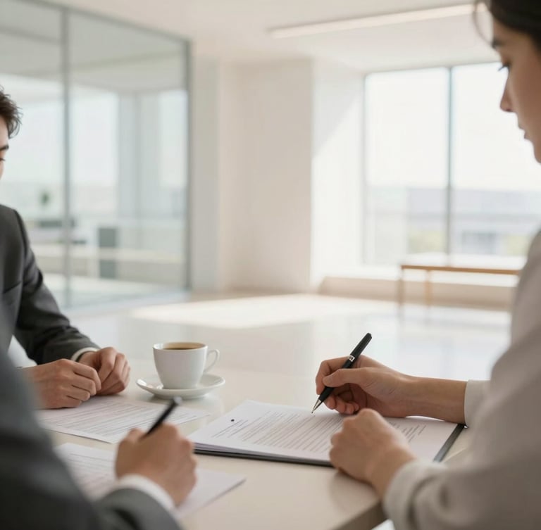 A professional advisory session over coffee in a bright, modern architecturally clean room, close-up of hands holding a pen near documents, soft natural daylight, 35mm lens