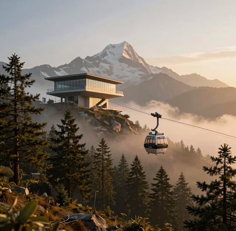 Wide-angle panoramic render of a modern cable car ascending through mist-shrouded Himalayan pine forests towards Phulchoki peak, golden hour light, architectural precision.