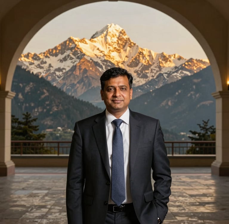 Professional portrait of Mr. Manoj Dahal, a dynamic executive in a formal corporate setting, warm golden-hour light, 35mm editorial photography.
