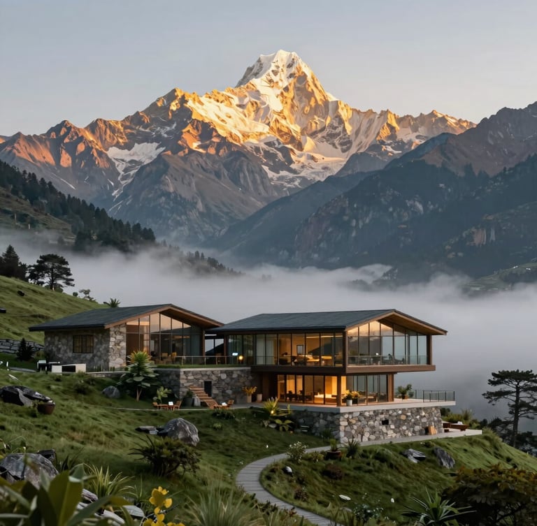 Architectural rendering of a luxury eco-resort nestled in the misty green slopes of Phulchoki Hill, modern glass and local stone architecture, majestic morning light