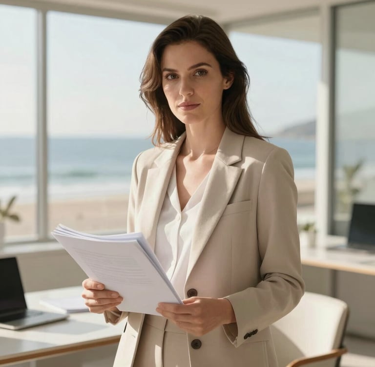 Warm editorial portrait of a professional woman in a bright, sunlit coastal office, wearing neutral tones, holding a neat stack of documents, soft shadows, shallow depth of field.