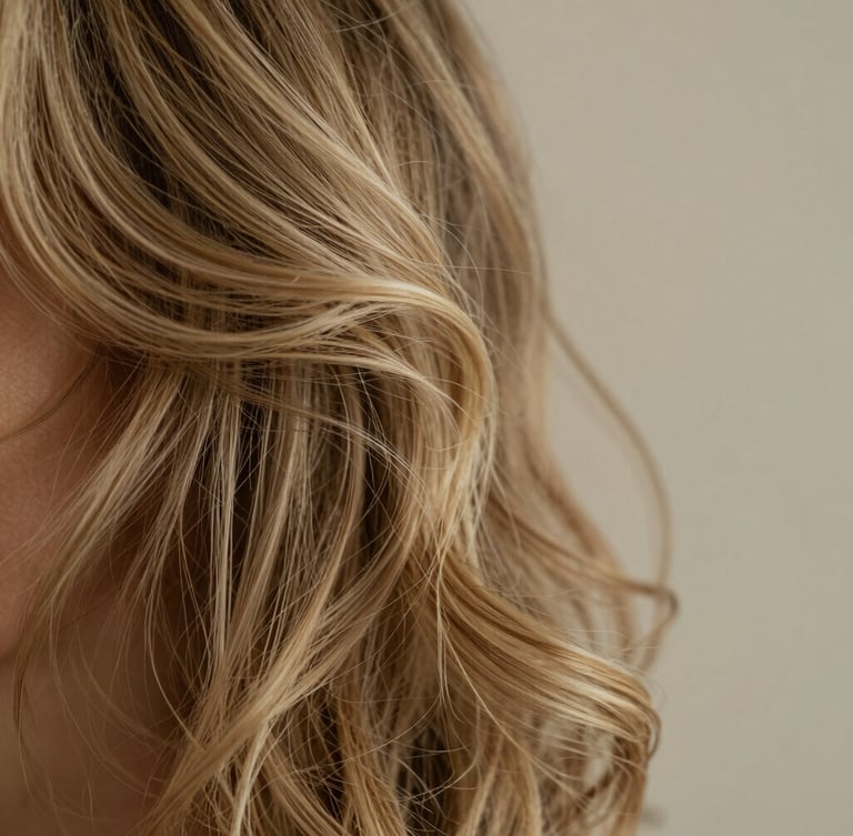 Intimate macro crop of soft, sunlit natural hair texture, focus on the delicate curl pattern and golden undertones, diffused natural daylight, warm minimalist aesthetic.