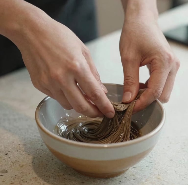 Intimate close-up shot of a stylist's hands precisely mixing natural hair color in a ceramic bowl, soft natural light reflecting off a travertine countertop.