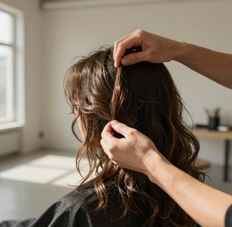 Close-up of a stylist's hands gently parting soft, wavy hair in a sun-drenched minimalist loft space, warm natural light.