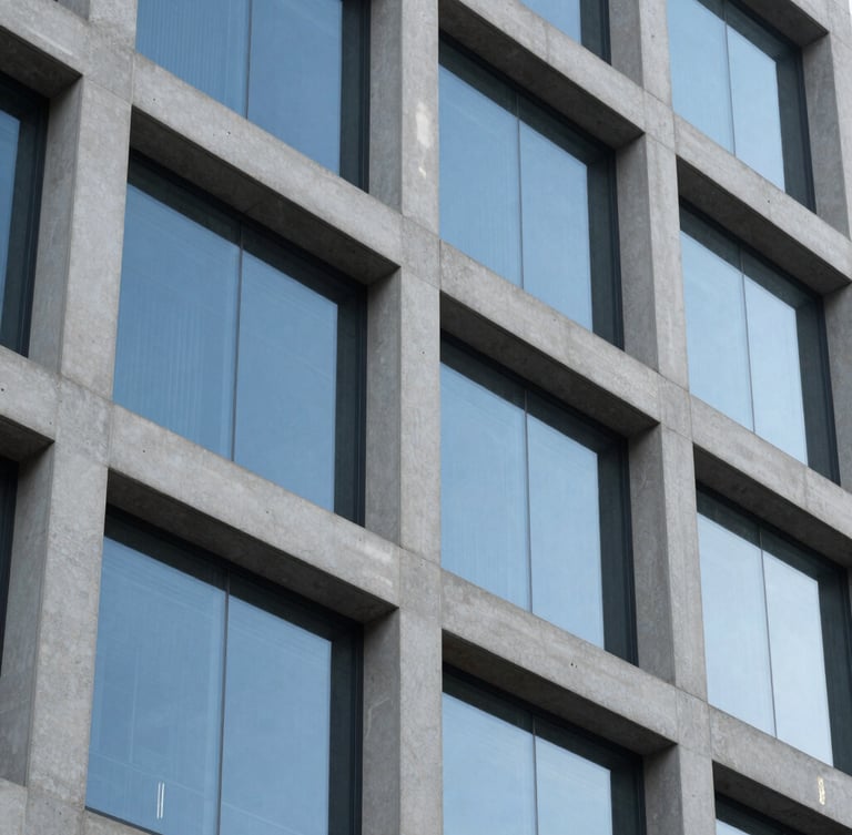 Tight macro detail of modern geometric building facade, concrete and dark blue glass panels, crisp morning daylight, sharp focus