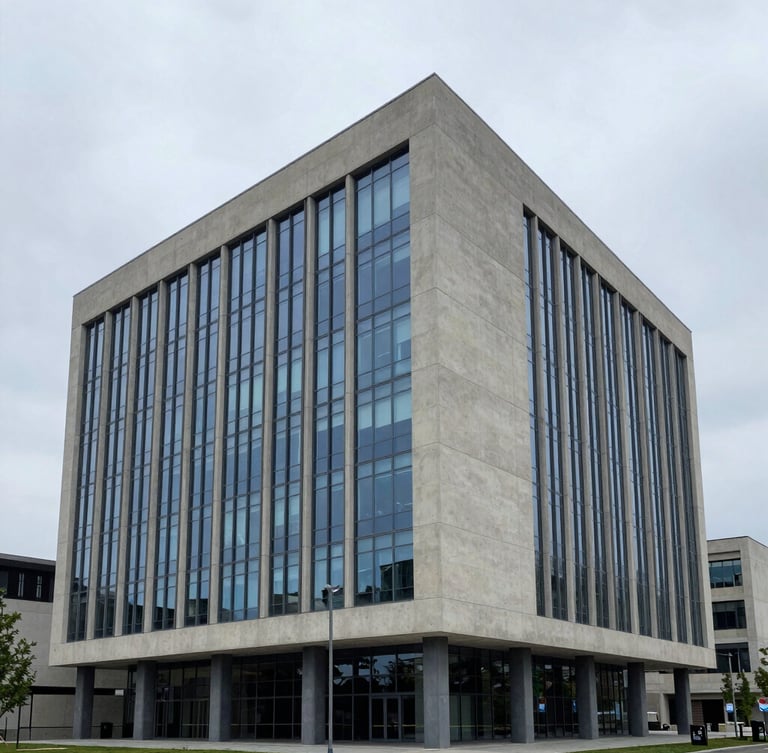 Wide environmental architectural shot of a modern concrete and glass corporate headquarters, soft overcast daylight, sharp focus, 35mm