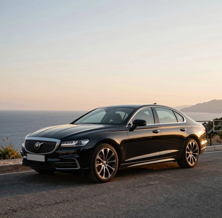 Sleek dark executive sedan parked on a quiet Mediterranean coastal overlook at golden hour, warm light reflecting off polished black paint, clean composition with negative space.