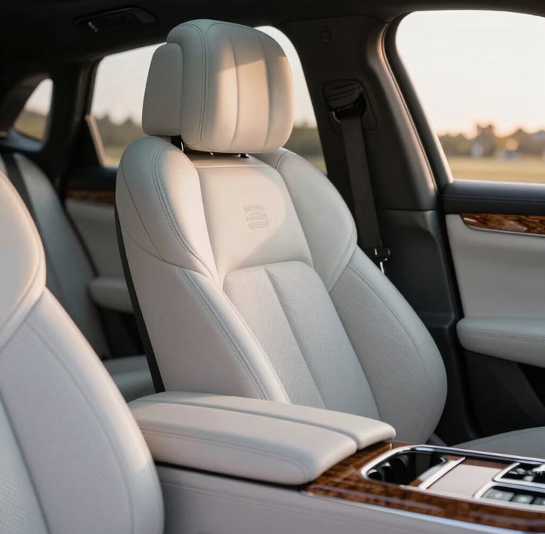 Close-up of a luxury vehicle interior, focusing on the pristine hand-stitched leather seats and polished wood console, soft golden hour light filtering through the window