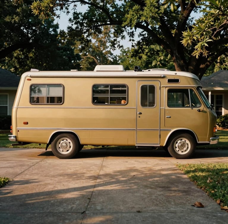 Wide-angle side view of a vintage gold GMC motorhome parked in a leafy, sun-drenched Oklahoma City driveway, warm afternoon shadows stretching across the concrete.