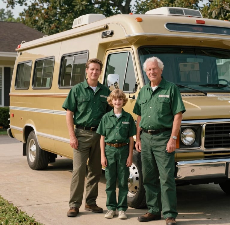 A family team of three in matching clean dark green work shirts standing proudly next to a vintage gold GMC motorhome in a sunny Oklahoma City driveway, warm natural light.