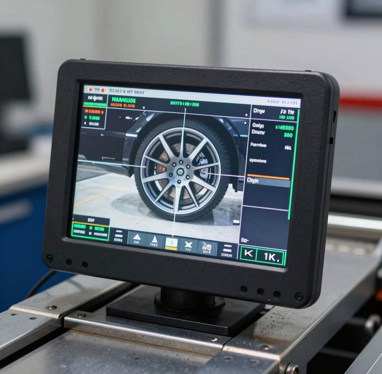 Close-up of a rugged digital diagnostic screen displaying live wheel alignment data, mounted on a solid structural steel chassis with metallic reflections