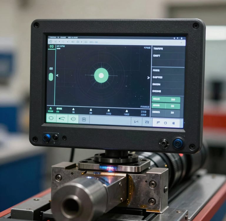 Close-up of a digital diagnostic control screen mounted directly onto a heavy-gauge steel wheel aligner frame, sharp focus on physical welds and screen interface