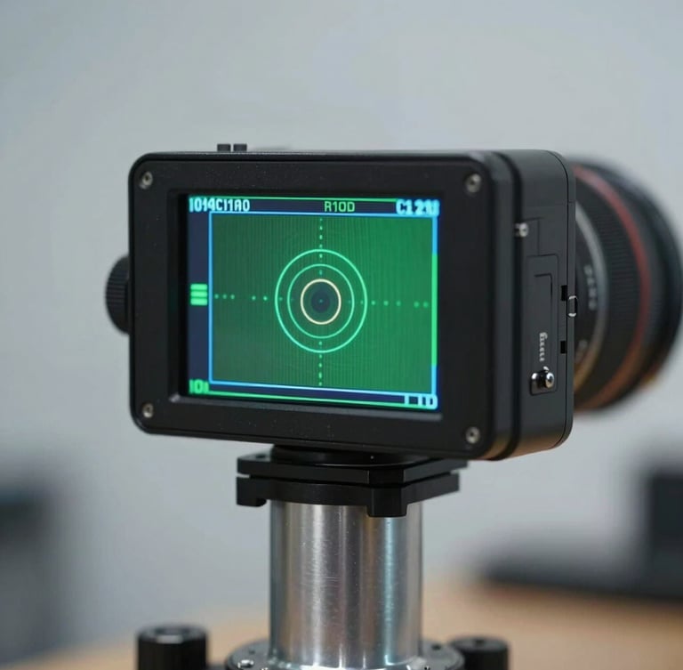 Macro shot of a high-speed digital camera sensor and target tracking system mounted on a heavy-gauge steel column, cool metallic reflections.