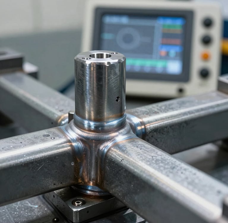 Macro close-up of a heavy-gauge steel joint weld on a wheel aligner frame, cool metallic reflections, a sharp digital control screen visible in soft focus behind it.