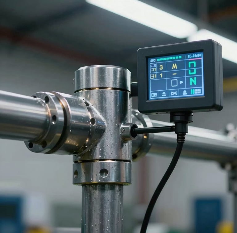 Macro shot of a heavy-gauge steel mechanical joint integrated with a sharp digital control screen, illuminated by cool-toned overhead shop lights.