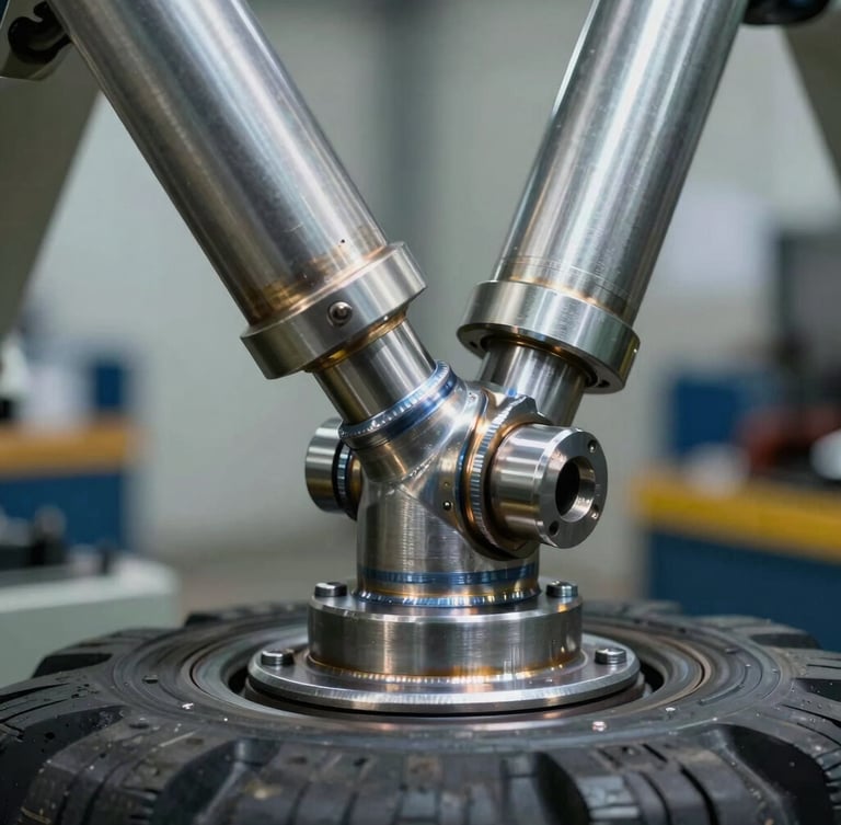 Macro shot of a pneumatic helper arm joint on an industrial tire changer, heavy steel welds visible, sharp metallic reflections, cool industrial lighting.