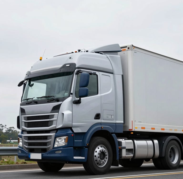 Low-angle dynamic shot of a clean modern corporate transport semi-truck on a highway, bright overcast daylight, cool steel and navy tones, sharp focus, 35mm architectural lens
