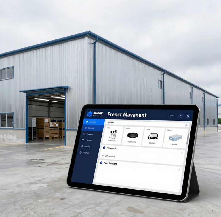A modern clean warehouse distribution center with a freight management dashboard visible on a tablet in the foreground, bright overcast daylight.