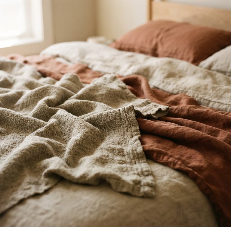 Close-up of a linen-draped bed in soft morning light, showing the heavy-weight texture of oatmeal and terracotta blankets, shallow depth of field, 35mm