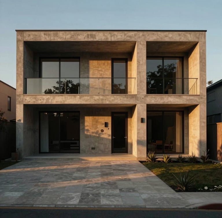 Symmetrical architectural modern concrete villa facade at dusk, long shadows casting across a polished stone driveway, low-sun warm golden hour, cinematic medium format photography.